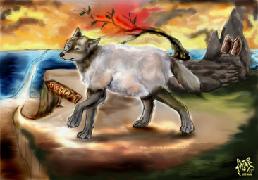 ambiguous_gender brown_body brown_fur feral fur grey_body grey_fur mouth_closed outside plant rock side_view sky solo tree white_body white_fur yellow_eyes kola_(artist) canid canine mammal 2012 dated hi_res traditional_media_(artwork)