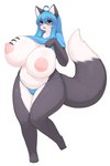 anthro areola big_breasts blue_eyes blue_hair blush breasts claws clothed clothing clothing_lift cute_fangs exposed_breasts fangs feet female female_anthro fluffy fur grey_body grey_fur hair huge_breasts kemono looking_at_viewer nipples open_mouth pawpads paws shirt shirt_lift simple_background solo standing tail teeth toe_claws toes tongue topwear tuft underwear white_background white_body white_fur inake hanul canid canine canis domestic_dog mammal 2022 2:3 absurd_res digital_media_(artwork) hi_res