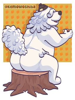 4_fingers anthro big_butt butt butt_focus clothing container cup fingers fur hair hair_over_eye hair_over_eyes hat hat_only headgear headgear_only headwear headwear_only male mostly_nude nude open_mouth overweight rear_view simple_background sitting solo tail white_body white_fur white_hair kem0w0shiba mihoyo petit_planet mobai_(petit_planet) canid canine canis domestic_dog herding_dog mammal pastoral_dog sheepdog hi_res
