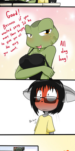 anthro assertive_female bedroom_eyes big_breasts black_hair blush breasts clothing computer dialogue duo electronics eyelashes eyewear female fingers fur glasses green_body green_skin grey_body grey_fur hair heart_reaction heart_symbol keyboard male male/female multicolored_body multicolored_skin narrowed_eyes number on_lap percentage scar seductive shirt simple_background simple_eyes sitting sitting_on_lap smile sunglasses tank_top teeth text tongue topwear whiskers yellow_eyes sandwich-anomaly amelia_(sandwich-anomaly) van_(sandwich-anomaly) amphibian domestic_cat felid feline felis frog mammal 2017 digital_media_(artwork) english_text hi_res