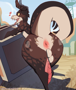 animal_genitalia animal_penis anthro anus backsack balls big_penis butt fangs femboy genitals heart_symbol horn huge_penis looking_at_viewer looking_back looking_back_at_viewer male nude open_mouth outdoor_nudity outside penis penis_backwards presenting presenting_hindquarters raised_tail rear_view solo standing tail teeth tongue tongue_out yellow_sclera nepentz fallout microsoft deathclaw scalie absurd_res hi_res