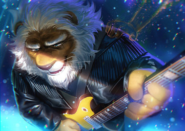 anthro blue_eyes bodily_fluids clothed clothing electric_guitar fully_clothed guitar high-angle_view jacket male mane musical_instrument on_model plucked_string_instrument solo string_instrument tears topwear whiskers nviek5 illumination_entertainment sing_(movie) clay_calloway_(sing) felid lion mammal pantherine spirit 2022 hi_res