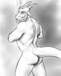 anthro beard butt facial_hair horn looking_at_viewer male muscular muscular_anthro muscular_male solo tail otter_grafitsnake mythology vethuleion dragon mythological_creature mythological_scalie scalie