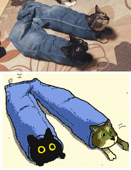 ambiguous_gender black_body black_ears black_fur blue_bottomwear blue_clothing blue_pants bottomwear clothing comparison denim denim_bottomwear denim_clothing duo feral fur jeans looking_up pants keke_(artist) domestic_cat felid feline felis mammal animated frame_by_frame low_res photography_(artwork) reference_image