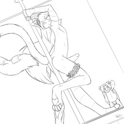 anthro claws clothing dancing doll ear_piercing erection genitals hair holding_fixture legwear long_hair looking_at_viewer male nude pawpads paws penis piercing pole pole_dancing solo stockings tail furryratchet felid mammal 1:1 digital_drawing_(artwork) digital_media_(artwork) line_art monochrome