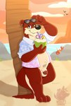 anthro beach coconut drupe_(fruit) eyewear eyewear_on_head food fruit male nude nude_male outside plant smile stare sunglasses sunglasses_on_head tail adingo11 otis_otterton mammal mustelid otter absurd_res hi_res