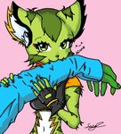 ambiguous_gender anthro bite breasts claws clothing duo female fingerless_gloves fur gloves green_body green_eyes green_fur handwear midriff navel pink_background simple_background teeth ses_loera_lopez freedom_planet galaxytrail carol_tea felid feline felis mammal wildcat hi_res