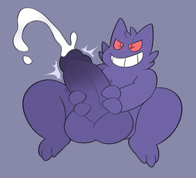 anthro balls big_balls big_penis blush bodily_fluids cum cumshot ejaculation genital_fluids genitals male masturbation penile penile_masturbation penis simple_background solo spread_legs spreading birdvian nintendo pokemon generation_1_pokemon gengar ghost pokemon_(species) spirit hi_res