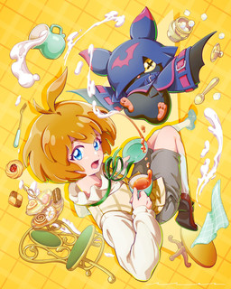 anthro black_body black_fur blonde_hair blue_eyes chair container cowl cup duo fur furniture hair male pupils tea_cup unusual_pupils wings yellow_eyes isei0212 bandai_namco digimon digimon_beatbreak makoto_kuonji chiropmon digimon_(species) human mammal hi_res