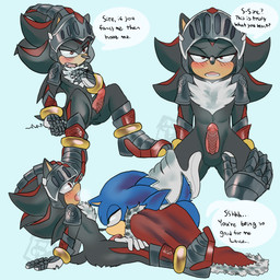 anthro armor ass_up balls bedroom_eyes black_body blue_body blush blush_lines cape clothing dialogue duo erection fellatio fluffy fluffy_chest fur_cape fur_clothing gauntlets genitals glans gloves green_eyes half-closed_eyes hand_on_leg hand_on_thigh handwear headgear helmet male male/male male_penetrated male_penetrating male_penetrating_male narrowed_eyes open_mouth oral penetration penile penis penis_in_mouth raised_tail red_body red_eyes ridged_penis seductive sex shoulder_guards simple_background sitting sitting_on_ground speech_bubble spread_legs spreading tail teeth text tongue white_background victorian_(artist) sega sonic_and_the_black_knight sonic_storybook_series sonic_the_hedgehog_(series) shadow_the_hedgehog sir_lancelot_(sonic_and_the_black_knight) sonic_the_hedgehog eulipotyphlan hedgehog mammal 1:1 2024 absurd_res digital_drawing_(artwork) digital_media_(artwork) english_text hi_res shaded watermark