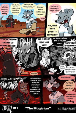 6_panel_comic annoyed anthro bone bottomwear broken_horn brown_body brown_feathers cargo_pants chin_tuft clothing dialogue eyes_closed facial_tuft feathers gesture group half-closed_eyes hand_gesture horn humor khaki_pants knife kris_(knife) mormon narrowed_eyes open_mouth open_smile pants profanity robe skeleton smile speech_bubble text thumbs_up trio tuft wide_eyed happyroadkill isaiah_the_mormon_mouse orin_owl animated_skeleton avian bird demon mammal mouse murid murine owl rodent undead absurd_res comic english_text hi_res