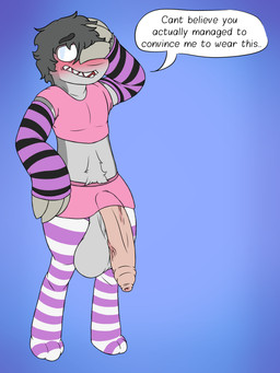 anthro armwear balls big_balls big_penis blind blush bottomwear clothed clothing clothing_lift crop_top crossdressing dialogue disability elbow_gloves embarrassed flaccid foreskin genitals gloves handwear huge_balls huge_penis humanoid_genitalia humanoid_penis legwear male miniskirt penis pubes saggy_balls shirt skirt skirt_lift solo speech_bubble text thick_penis thigh_highs topwear unretracted_foreskin vein veiny_penis mikey6193 mikey_(mikey6193) hybrid english_text hi_res