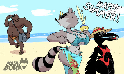 anthro beak beverage big_breasts big_butt bikini breasts butt clothing coat drinking eyes_closed eyewear female flip_flops footwear group hat headgear headwear huge_breasts looking_at_another looking_back looking_back_at_another male markings open_beak open_mouth overweight pose raccoon_tail ring ring_(marking) ringed_tail sand sandals sea shocked shoes simple_background small_breasts soda striped_markings striped_tail stripes summer sun_hat sunglasses sunglasses_on_face surprised swimwear tail tail_markings topwear trio two-piece_swimsuit water wearing_sunglasses wide_hips wings diegutan carmen_the_crow marcos_the_bear uva_the_raccoon avian bear bird brown_bear corvid corvus_(genus) crow mammal oscine passerine procyonid raccoon ursine 2026 hi_res