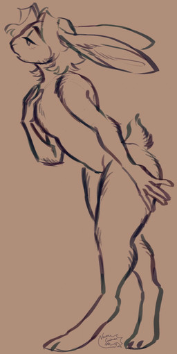 ambiguous_gender anthro big_ears brown_background digitigrade ears_back hand_on_chest humanoid_hands medium_hair open_mouth pivoted_ears short_tail simple_background solo standing tail nuregator lagomorph leporid mammal rabbit 2026 digital_drawing_(artwork) digital_media_(artwork) english_description hi_res monochrome sketch