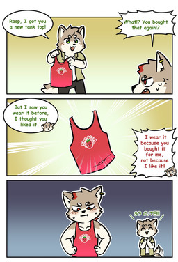 anthro biped blue_eyes blush blush_lines brown_body brown_fur clothing duo ear_piercing ear_ring fur male piercing red_clothing red_eyes red_shirt red_tank_top red_topwear ring_piercing shirt speech_bubble tank_top text topwear white_body white_fur northwoooof canid canine canis mammal wolf 2025 absurd_res comic english_text hi_res