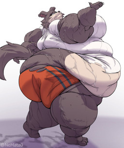 anthro athletic_wear back_fat belly big_belly big_breasts bodily_fluids bottomwear breasts clothing exercise fat_arms female fur grey_body grey_fur huge_belly huge_breasts huge_thighs looking_aside looking_at_viewer looking_away morbidly_obese morbidly_obese_anthro morbidly_obese_female multicolored_body multicolored_fur obese obese_anthro obese_female overweight overweight_anthro overweight_female red_bottomwear red_clothing red_shorts shirt shorts simple_background solo sweat tan_body tan_fur thick_thighs topwear torn_bottomwear torn_clothing torn_shirt torn_shorts torn_topwear two_tone_body two_tone_fur white_background white_clothing white_shirt white_topwear nemata0 beastars juno_(beastars) canid canine canis mammal wolf 2022 absurd_res hi_res signature