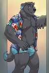 aloha_shirt anthro arm_support barazoku belly biceps black_body black_fur black_hair black_nose blue_body blue_clothing blue_eyes blue_fur blue_tail blue_underwear bulge chest_tuft clothed clothing dipstick_tail doorway fur hair looking_at_viewer male markings monotone_body monotone_fur multicolored_tail muscular muscular_anthro muscular_male navel nipples open_clothing open_mouth open_shirt open_topwear partially_clothed pattern_clothing pattern_shirt pattern_topwear pecs pubes shirt simple_background slightly_chubby smile solo standing tail tail_markings teeth topwear tuft underwear bruteandbrawn canid canine canis domestic_dog mammal 2020 digital_media_(artwork) hi_res portrait three-quarter_portrait