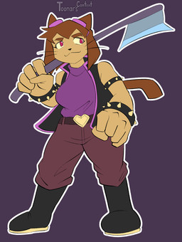 armband axe big_hands bracelet cape clothing cosplay crossover_cosplay horn jacket jewelry spiked_armband spiked_bracelet spikes sweater topwear wide_hipped_anthro wide_hipped_female wide_hips toonarscontent deltarune gameoverse glitch_productions undertale_(series) kit_bodega susie_(deltarune) domestic_cat felid feline felis mammal absurd_res crossover hi_res tagme