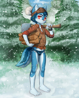 4_toes anthro axe barefoot blue_body blue_ears blue_fur blue_tail bottomwear bulge clothed clothing countershading denim denim_bottomwear denim_clothing denim_shorts feet fur hat headgear headwear lumberjack male melee_weapon plant red_eyes shorts snow snowing solo standing tail toes topwear tree weapon young young_anthro young_male eldiman canid canine mammal absurd_res digital_media_(artwork) hi_res