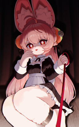 accessory anklet anthro barefoot clothing feet female first_person_view hair hair_accessory holding_leash holding_object jewelry leash maid_uniform pink_body pink_hair red_eyes solo tongue tongue_out uniform yamacho mihoyo zenless_zone_zero zhao_(zenless_zone_zero) lagomorph leporid mammal rabbit absurd_res hi_res