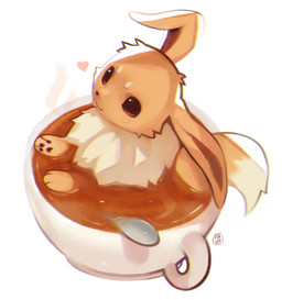 ambiguous_gender beverage blep brown_body brown_eyes brown_fur coffee container cup cutlery dipstick_tail feral fur heart_symbol kitchen_utensils long_ears markings partially_submerged pawpads paws simple_background solo spoon steam tail tail_markings tongue tongue_out tools white_background foxlett nintendo pokemon eevee generation_1_pokemon pokemon_(species) 2024 signature