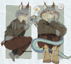 anthro clothing cross-popping_vein duo emoji feral footwear forked_tongue male male/male one_eye_closed sad shoes simple_background speech_bubble tail tongue tongue_out visible_underwear yellow_sclera cruepocket disney zootopia gary_de'snake pawbert_lynxley felid feline lynx mammal reptile scalie snake hi_res