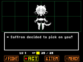 >:3 anthro big_breasts breasts cleavage clothed clothing female fully_clothed gui kemono looking_at_viewer solo standing stripes text safurantora undertale undertale_(series) saffron_(safurantora) felid mammal pantherine tiger 4:3 english_text