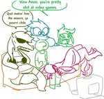 ?_face anthro bikini bikini_top bottomwear clothed clothing controller dialogue digitigrade dress electronics eyeless eyewear female furniture gaming group head_on_lap holding_controller holding_object looking_at_object lying male on_lap overweight overweight_female pants playing_video_game sharp_teeth shirt shorts simple_background sitting slim sofa speech_bubble sunglasses swimwear teeth television text topwear two-piece_swimsuit white_background the_weaver monstro_village anon caimon gillou gnathodelli princess_bitch alligator alligatorid crocodilian goblin human humanoid mammal monster nymph reptile scalie 2018 english_text