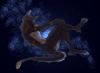 ambiguous_gender anthro brown_body brown_fur brown_hair claws fluffy fur hair leaning leaning_backward looking_at_viewer orange_stripes paws red_eyes simple_background sitting solo stripes anonymous_artist fallout microsoft roland_(rolandthesnuppy) night_stalker_(fallout)