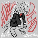 anthro bodily_fluids clothed clothing ear_piercing hooves male office_clothing open_mouth piercing simple_background solo tears text tass_the_bovine tass_(character) bovid bovine cattle mammal 1:1 digital_media_(artwork) english_text monochrome pixel_(artwork)