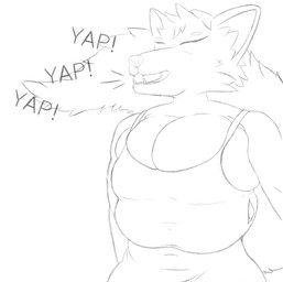 anthro belly big_breasts big_tail breasts clothed clothing dress female fluffy fluffy_tail happy huge_breasts overflowing_breasts solo tail talking_to_another tight_clothing torn_clothing yapping cjthegreat2003 canid canine fox humanoid mammal monochrome