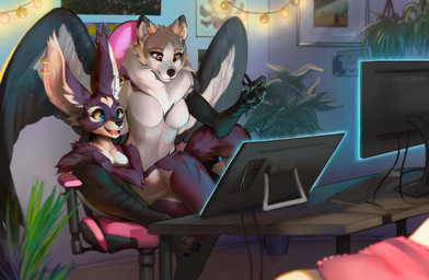 anthro anthro_on_anthro claws computer detailed_background drawing_tablet duo ear_piercing ear_ring electronics female female/female female_anthro jewelry long_ears piercing ring_piercing string_lights wings conditional_dnp dr.bubblebum blizzard_entertainment warcraft canid hybrid mammal vulpera absurd_res digital_media_(artwork) hi_res shaded