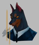 anthro biped black_necktie black_nose cigarette clothing grey_background male multicolored_body necktie orange_body simple_background smoke smoking solo suit two_tone_body meow286 canid canine canis dobermann domestic_dog mammal pinscher 2020 hi_res