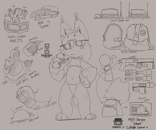 3_toes 4_fingers ambiguous_gender anthro backpack big_ears biped cheek_tuft circle_eyebrows claws eyebrows facial_tuft featureless_crotch feet fingers front_view grey_background joints looking_at_viewer machine navel nude_anthro open_mouth pawpads simple_background solo standing text toes tuft x_navel presto_(artist) project_c.a.t.s shell_(presto) felid feline landcats living_machine mammal robot_anthro absurd_res english_text hi_res model_sheet portrait sketch