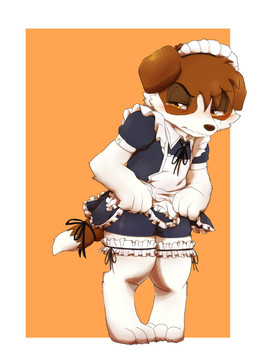 3_toes 4_fingers accessory anthro barefoot black_nose blush blush_lines bodily_fluids border bottomwear brown_body brown_fur bulge cheek_tuft claws clothed clothing clothing_lift crossdressing crossdressing_male crying embarrassed eyebrow_through_hair eyebrows facial_tuft feet feet_together finger_claws fingers frilly frilly_clothing fur furgonomics hair head_tuft hindpaw looking_away maid_apron maid_headdress maid_uniform male mottled orange_background paws piebald presenting presenting_bulge questionable_consent ribbons shaking shorts simple_background skirt skirt_lift solo spandex spandex_shorts sweat sweatdrop tail tail_accessory tail_ribbon tears tight_bottomwear tight_clothing tight_shorts toe_claws toes translucent translucent_hair trembling tuft uniform white_body white_border white_fur yellow_eyes young young_anthro young_male tooboe_laugh canid canine canis domestic_dog mammal hi_res