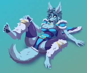 alternate_species anthro big_breasts blue_background blue_body blue_fur blue_sclera breasts clothed clothed_female clothing female forehead_gem fur furrification gem gradient_background green_background hand_on_knee hand_on_leg pupils simple_background solo spread_legs spreading tail thick_thighs white_eyes white_pupils zubarudavam dota valve valve_corporation crystal_maiden_wolf_persona rylai_the_crystal_maiden canid canine canis mammal wolf