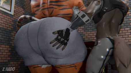 5_fingers anthro big_butt black_clothing black_gloves black_handwear black_nose black_stripes bottomwear boxers_(clothing) boxers_only brown_body brown_fur butt butt_jiggle clothed clothing duo fingerless_gloves fingers fluffy fluffy_tail fur gloves grey_bottomwear grey_clothing grey_shorts handwear harness huge_butt jiggle_physics jiggling male male/male markings muscular muscular_anthro muscular_male open_mouth orange_body orange_fur rear_view shorts striped_body striped_fur striped_markings striped_tail stripes tail tail_markings topless topless_anthro topless_male touching_butt underwear underwear_only z_hado camseven_(modeler) dollymolly323_(modeler) epic_games fortnite oscar_(fortnite) wendell_(fortnite) canid canine canis felid mammal pantherine tiger wolf 16:9 2026 3d_(artwork) 3d_animation animated digital_media_(artwork) english_description high_framerate no_sound short_playtime video widescreen
