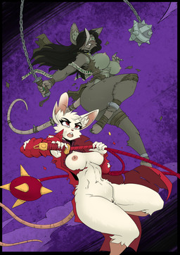 anthro big_breasts black_hair blindfold breasts buckteeth choker claws clothing duo female fur genitals green_claws grey_body grey_fur grey_hair hair holding_object holding_whip jewelry long_hair multicolored_hair necklace nipples open_mouth pink_nipples red_eyes tail teeth thick_thighs torn_clothing two_tone_hair vulva weapon whip white_body white_fur wide_hips yawg mina_the_hollower warhammer_(franchise) yacht_club_games mina_(mina_the_hollower) plaguey_(yawg) mammal mouse murid murine rat rodent skaven 2026 hi_res