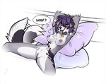 anthro areola breasts cheek_tuft chest_tuft clitoral_hood collar facial_tuft female floppy_ears fur genitals grey_body grey_fur hair nipples pillow purple_areola purple_eyes purple_hair purple_nipples pussy smile solo speech_bubble spread_legs spreading tail tail_motion tailwag text tuft f-r95 moon_fresh_(f-r95) canid canine canis domestic_dog mammal 2019 digital_media_(artwork)