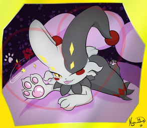 butt female jester looking_at_viewer lying magician neck_tuft one_eye_closed pawpads paws solo sparkles tongue tongue_out tuft wink winking_at_viewer yellow_eyes nyx_hdp palworld pocketpair dupin_(pal) lagomorph leporid mammal pal_(species) rabbit hi_res