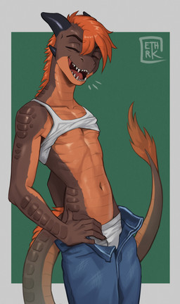 2_horns 5_fingers anthro areola biped black_eyebrows black_horn black_spikes blue_bottomwear blue_clothing blue_jeans blue_pants border bottomwear brown_areola brown_body brown_claws brown_nipples brown_scales cheek_spikes claws clothed clothed_anthro clothed_male clothing collarbone countershade_arms countershade_face countershade_neck countershade_scales countershade_tail countershade_torso countershading denim denim_bottomwear denim_clothing eyebrow_through_hair eyebrows eyes_closed facial_spikes femboy finger_claws fingers front_view green_background hair hand_on_hip hand_on_own_hip happy horn humanoid_hands jeans long_tail male male_anthro mane mane_hair medium_hair midriff monotone_bottomwear monotone_clothing monotone_hair monotone_horn monotone_jeans monotone_mane monotone_pants monotone_shirt monotone_spikes monotone_tank_top monotone_topwear monotone_underwear multicolored_body multicolored_scales navel nipples non-mammal_hair non-mammal_navel non-mammal_nipples open_bottomwear open_clothing open_jeans open_mouth open_pants open_smile orange_body orange_countershading orange_hair orange_mane orange_scales orange_tail_tuft orange_tuft outside_border pants partially_clothed partially_clothed_anthro partially_clothed_male pink_tongue pose raised_clothing raised_shirt raised_tank_top raised_topwear scales sharp_teeth shirt simple_background slim slim_anthro slim_male smile solo spikes spikes_(anatomy) tail tail_mane tail_tuft tank_top teeth text three-quarter_view tongue topwear translucent translucent_hair tuft underwear ventral_scales white_border white_clothing white_shirt white_tank_top white_topwear white_underwear ethrk mythology kolarenk_(ethrk) dragon mythological_creature mythological_scalie scalie wingless_dragon artist_name english_description hi_res pinup portrait shaded three-quarter_portrait
