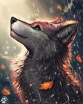 ambiguous_gender day detailed_fur ears_up feral fur green_eyes leaf light looking_up outside raindrops raining smile solo sunlight weather wet wet_body wet_fur flashw canid canine canis mammal 2023 4:5 detailed digital_media_(artwork) digital_painting_(artwork)