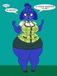 accessory anthro bell bell_accessory big_breasts black_eyebrows blue_body blue_bottomwear blue_clothing blue_ears blue_hair blue_mouth blue_nose blue_skirt blue_tail blue_tongue blueberry_inflation bottomwear breasts brown_clothing brown_eyes brown_footwear brown_shoes button_(fastener) clothing dialogue eyebrows eyelashes female footwear green_clothing green_topwear green_vest hair hair_accessory hairband huge_thighs inflation inflation_fetish looking_at_viewer open_mouth red_hairband scut_tail shirt shoes short_tail simple_background skirt solo speech_bubble tail talking_to_viewer teal_background text thick_thighs three-quarter_view tight_clothing tongue topwear vest whimper white_clothing white_shirt white_topwear worried thaliaglacyswells animal_crossing nintendo isabelle_(animal_crossing) canid canine canis domestic_dog mammal shih_tzu toy_dog 2025 colored comic digital_media_(artwork) english_text flat_colors hi_res