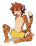 angry anthro barefoot biped blush bodily_fluids bottomwear bulge clothed clothing feet fur hair male open_mouth orange_body orange_eyes orange_fur shorts sitting solo spandex spandex_shorts spread_legs spreading stripes sweat tight_bottomwear tight_clothing tight_shorts topless underwear young young_male miri yowamushi_pedal naruko_shoukichi felid mammal pantherine tiger 2015 hi_res