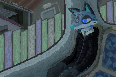 anthro black_clothing black_jacket black_topwear blue_body blue_fur blue_nose building clothing fence fur inside jacket male sitting solo toony topwear demensa emil_(demensa) canid canine canis coyote domestic_dog mammal 2025 3:2 digital_media_(artwork) pixel_(artwork)