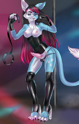anthro areola balls_in_panties balls_in_underwear biped black_clothing black_eyebrows black_hair black_panties black_underwear blue_body blue_eyes blue_fur blurred_background breasts claws clothing collar erection eyebrows eyelashes footprint footwear fur genitals gynomorph hair high_heels holding_leash holding_object intersex latex latex_clothing latex_panties latex_underwear leash leashed_collar long_hair looking_at_viewer markings nipple_dip nipples panties pawprint pawprint_(marking) penile_spines penis pink_areola pink_nipples pink_nose pink_penis pole shoes solo stripper_pole tail tail_tuft toe_claws tuft underwear white_body white_fur anutka thea_orienti mammal 2018 digital_media_(artwork) hi_res shaded