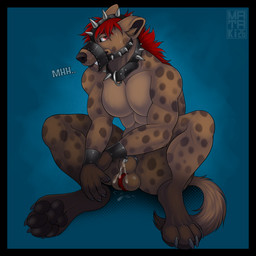 4_toes 5_fingers abs animal_genitalia anthro balls black_nose black_pawpads bodily_fluids brown_body brown_fur chastity_cage chastity_device claws collar cum_on_own_sheath eyebrows fangs feet fingers fur genitals hair male male_anthro markings muscular muzzle_(object) muzzled pawpads paws pecs red_eyebrows red_eyes red_hair sheath sheath_chastity_cage sitting snout solo spiked_collar spikes spots spotted_body spotted_fur sweat tail teeth toes mataki23 hyena mammal spotted_hyena 1:1 colored digital_drawing_(artwork) digital_media_(artwork) hi_res shaded