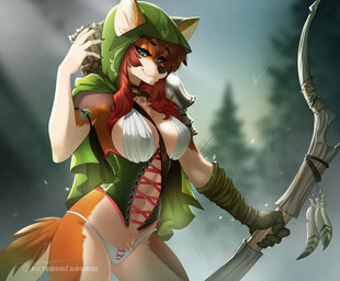 5_fingers anthro arrow_(weapon) blue_eyes bow_(weapon) brown_body brown_fur brown_hair clothed clothing corset detailed_background ears_through_headwear female fingers fur hair holding_object holding_weapon hood lingerie navel ranged_weapon red_hair skimpy smile solo standing topwear weapon aomori maple_flake canid canine canis coyote mammal 2019 digital_media_(artwork)