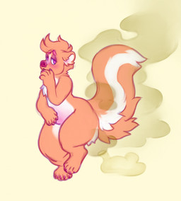 ambiguous_farting ambiguous_gender anthro belly_blush big_butt blush body_blush butt chest_tuft claws fart fart_cloud finger_claws fur green_fart_cloud looking_back narrowed_eyes nude nude_ambiguous nude_anthro on_one_leg orange_body orange_fur pink_eyes raised_tail simple_background smelly solo standing tail toe_claws tuft white_body white_fur yellow_background doughnutholes skunktember mammal mephitid skunk hi_res nonbinary_(lore)