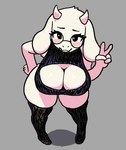 anthro big_breasts black_eyes blush breasts cleavage clothed clothing eyewear female floppy_ears gesture glasses hand_gesture hand_on_hip hanging_breasts horn leaning leaning_forward legwear looking_at_viewer solo thigh_highs v_sign wearing_glasses tsunoart undertale_(series) toriel bovid caprine goat mammal hi_res